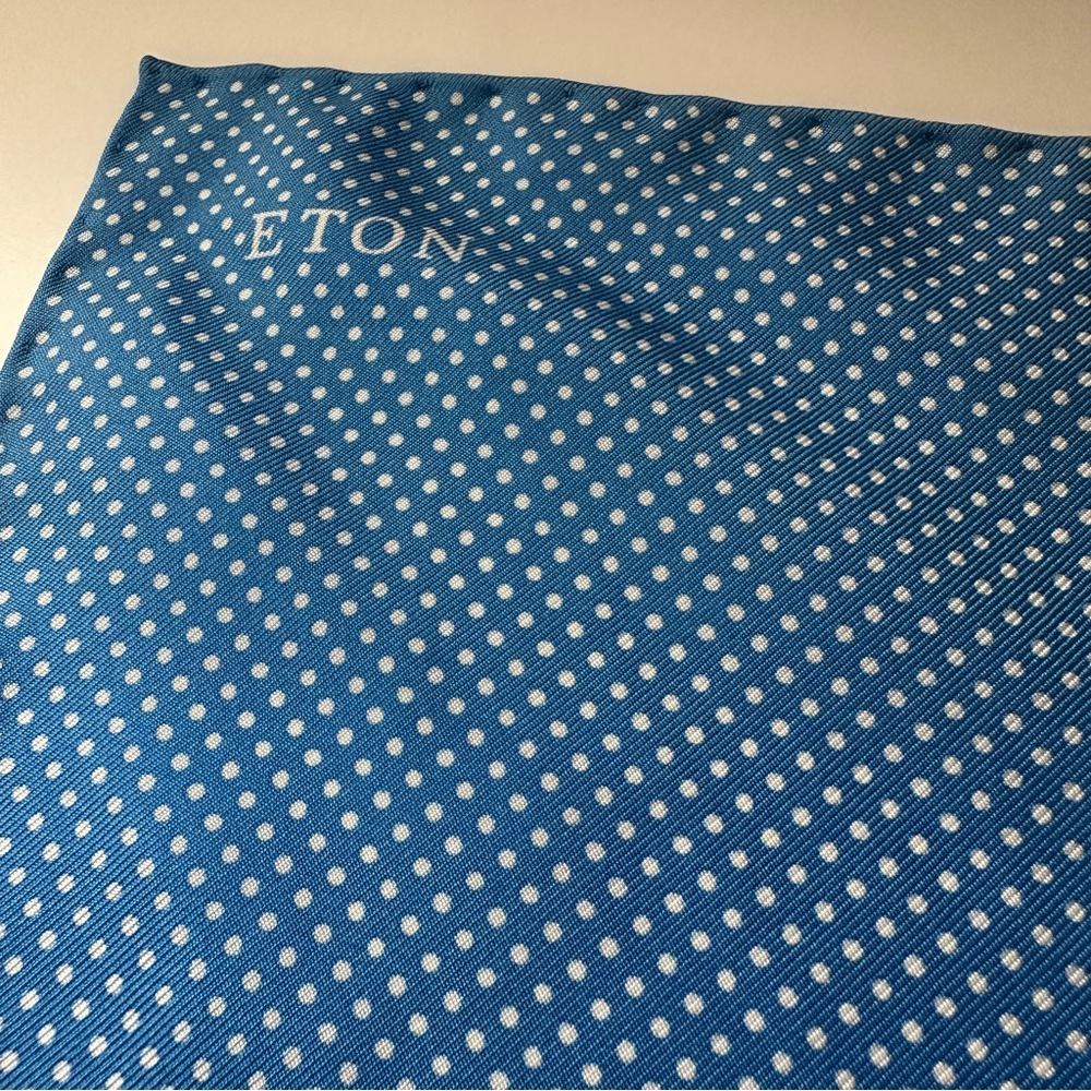 *like new* Eton Blue 100% Silk Pocket Square with White Dots